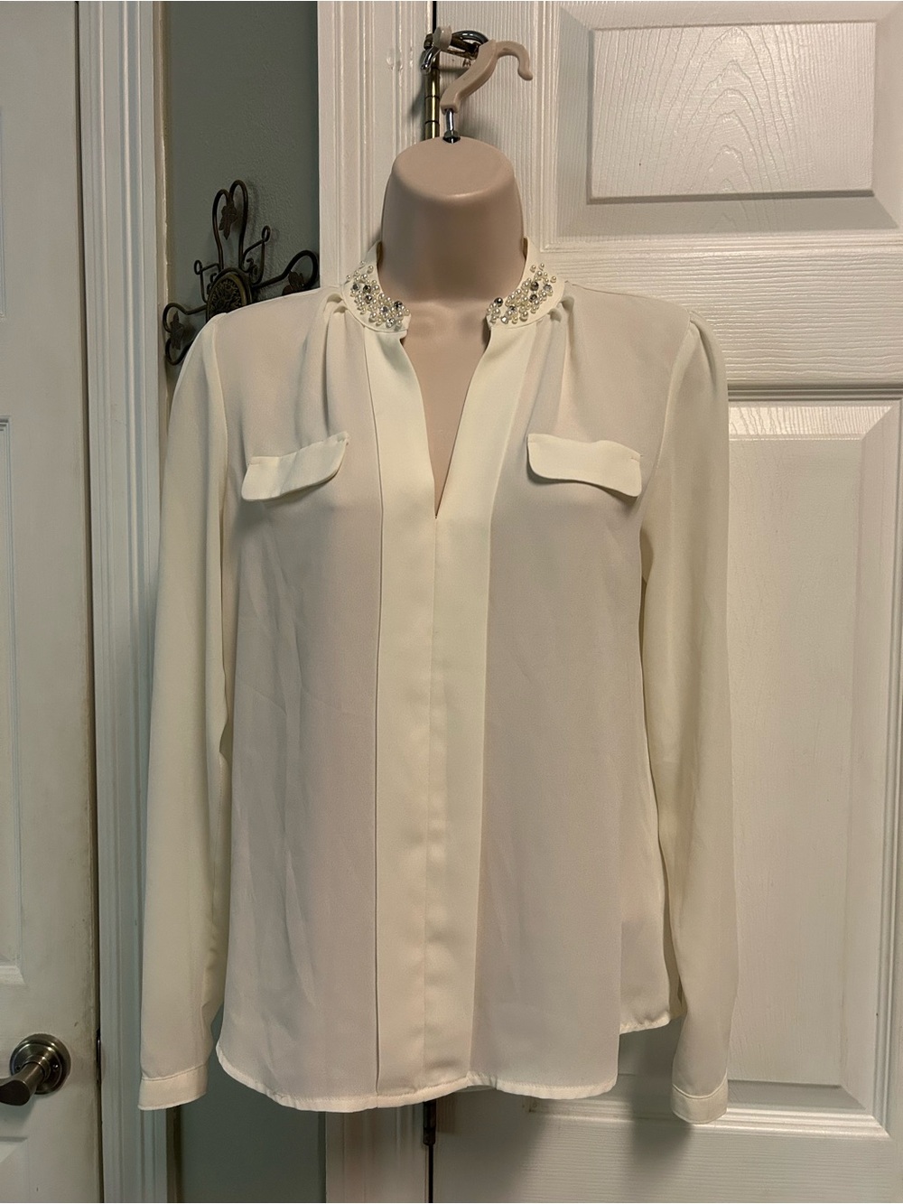 Elegant Embellished Beaded Collar Cream Long-Sleeve Sheer Blouse Subtle Glam